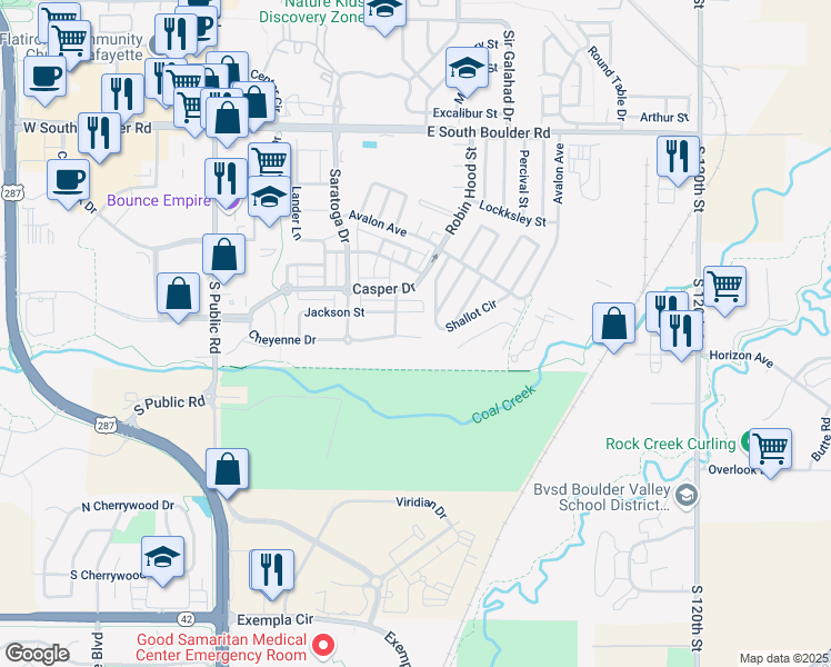 map of restaurants, bars, coffee shops, grocery stores, and more near 651 Cheyenne Drive in Lafayette