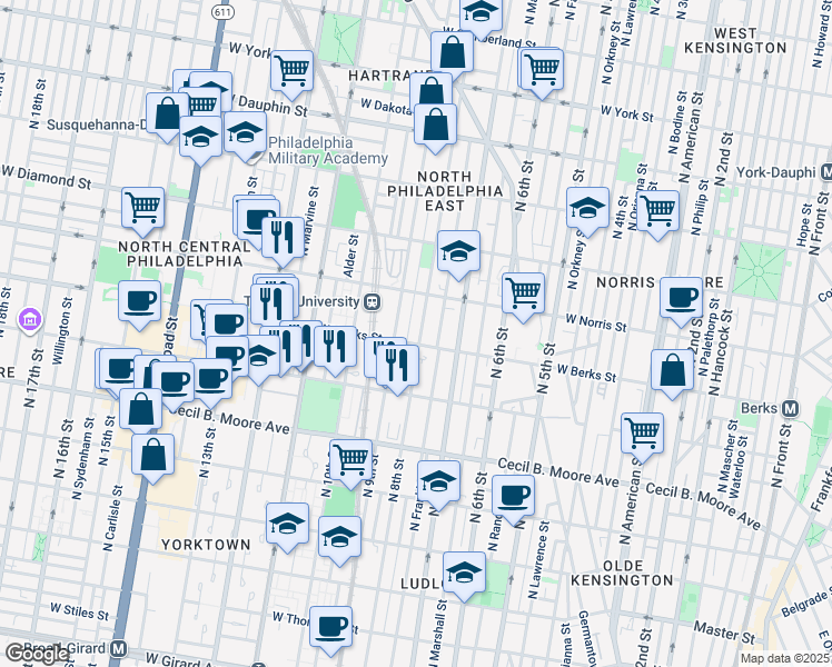 map of restaurants, bars, coffee shops, grocery stores, and more near 1910 North 8th Street in Philadelphia