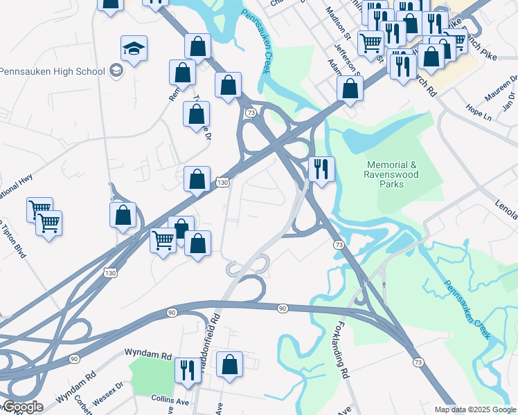 map of restaurants, bars, coffee shops, grocery stores, and more near 2100 Haddonfield Road in Pennsauken Township