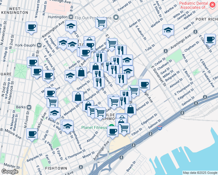 map of restaurants, bars, coffee shops, grocery stores, and more near 2327 East Sergeant Street in Philadelphia