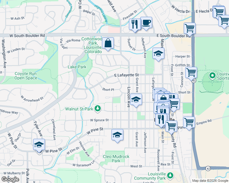 map of restaurants, bars, coffee shops, grocery stores, and more near 260 Short Place in Louisville
