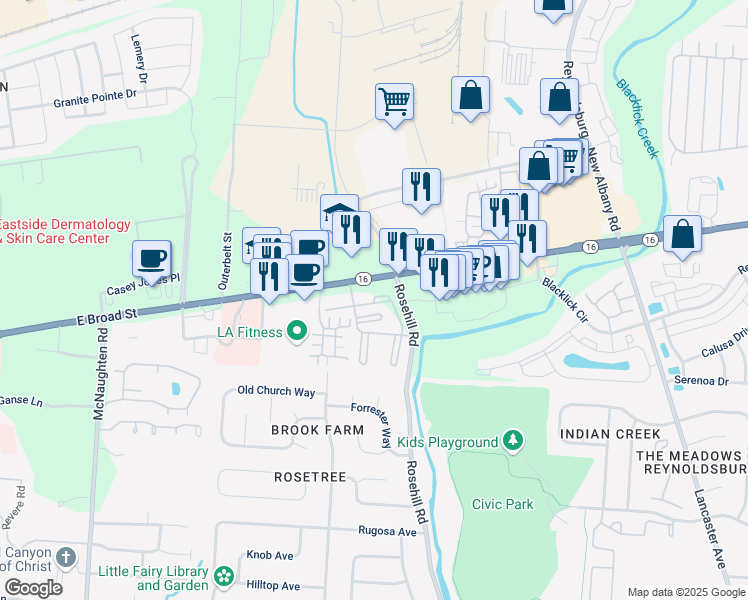 map of restaurants, bars, coffee shops, grocery stores, and more near 6566 Rosemeadows Drive in Reynoldsburg