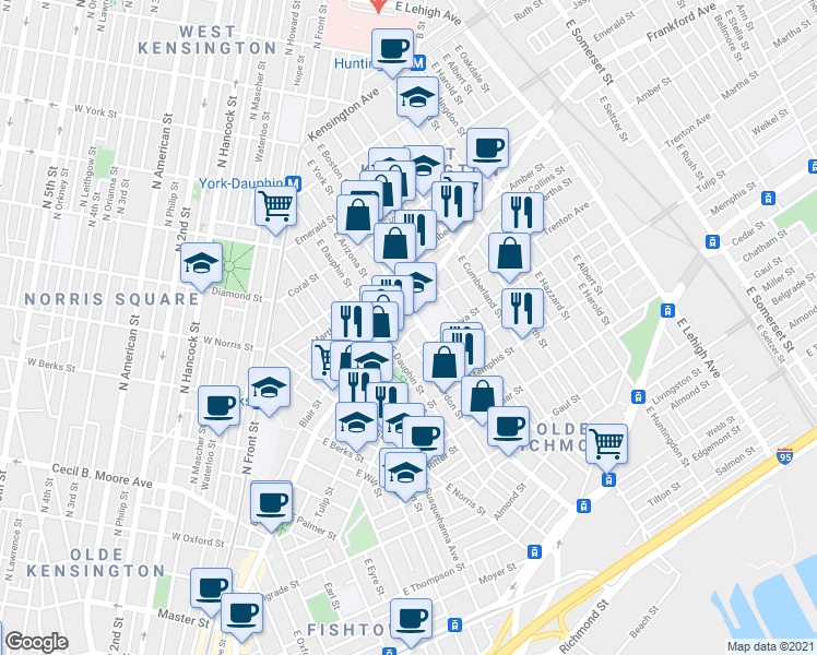 map of restaurants, bars, coffee shops, grocery stores, and more near 2328 Collins Street in Philadelphia