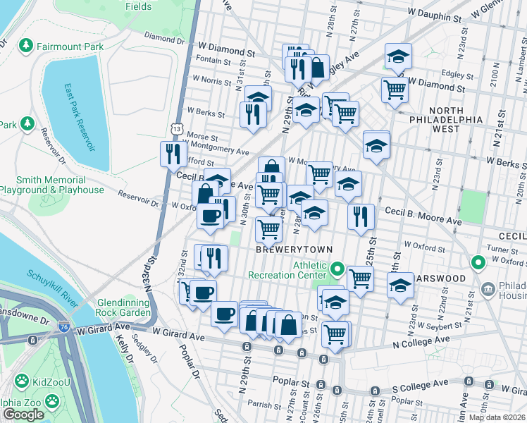 map of restaurants, bars, coffee shops, grocery stores, and more near 2928 Turner Street in Philadelphia