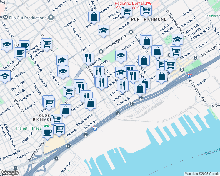 map of restaurants, bars, coffee shops, grocery stores, and more near 2838 Mercer Street in Philadelphia