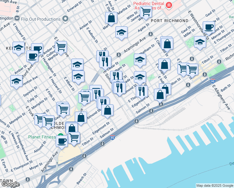 map of restaurants, bars, coffee shops, grocery stores, and more near 2550 East Somerset Street in Philadelphia