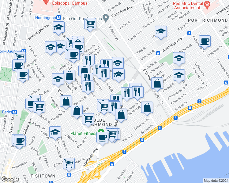 map of restaurants, bars, coffee shops, grocery stores, and more near 2625 Cedar Street in Philadelphia