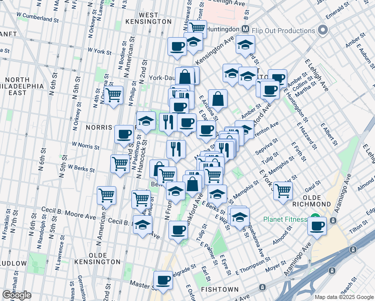 map of restaurants, bars, coffee shops, grocery stores, and more near 2034 Amber St in Philadelphia