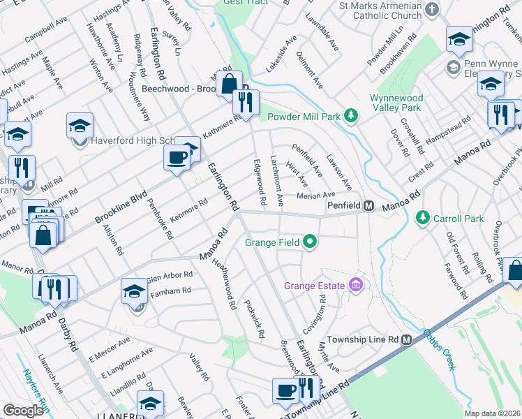 map of restaurants, bars, coffee shops, grocery stores, and more near 520 East Manoa Road in Havertown