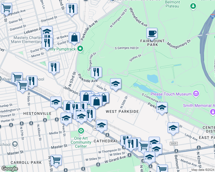 map of restaurants, bars, coffee shops, grocery stores, and more near 5126 Parkside Avenue in Philadelphia