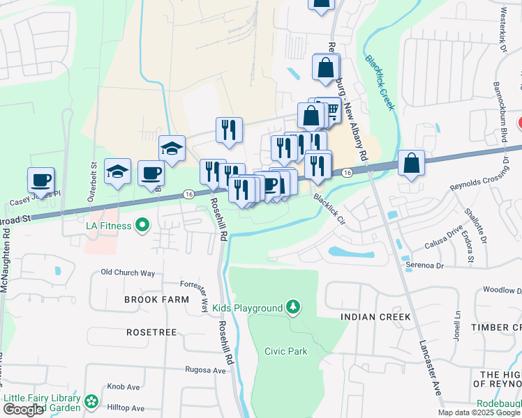 map of restaurants, bars, coffee shops, grocery stores, and more near 6867 East Broad Street in Columbus