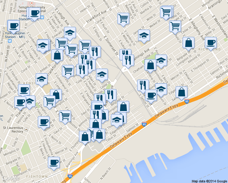 map of restaurants, bars, coffee shops, grocery stores, and more near 2444 East Lehigh Avenue in Philadelphia