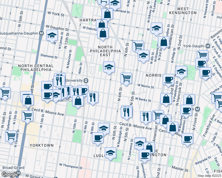map of restaurants, bars, coffee shops, grocery stores, and more near 1919 North 7th Street in Philadelphia