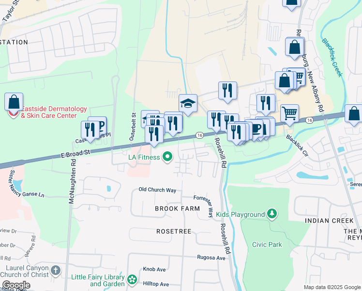 map of restaurants, bars, coffee shops, grocery stores, and more near 6645 East Broad Street in Reynoldsburg