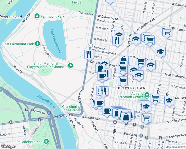 map of restaurants, bars, coffee shops, grocery stores, and more near 3208 West Oxford Street in Philadelphia
