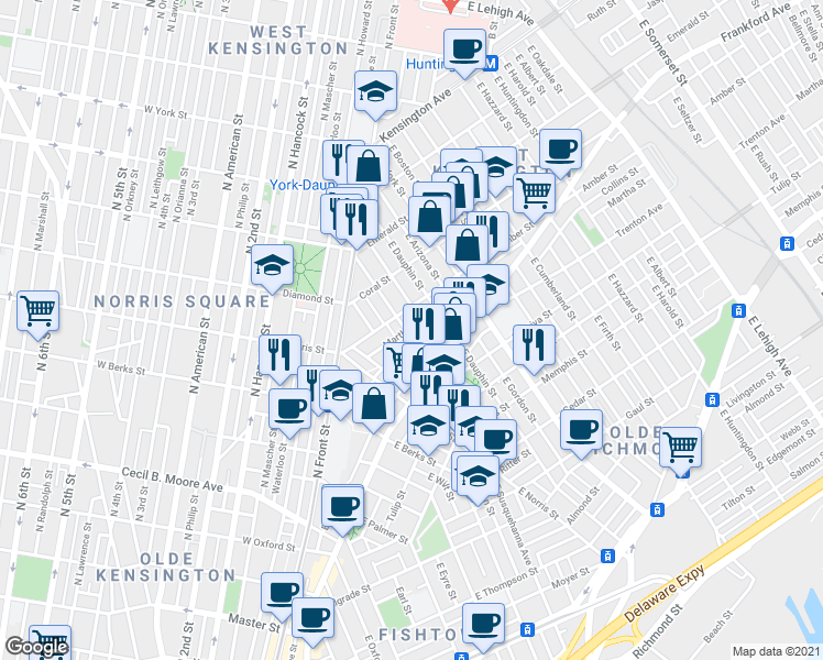 map of restaurants, bars, coffee shops, grocery stores, and more near 2117 East Susquehanna Avenue in Philadelphia