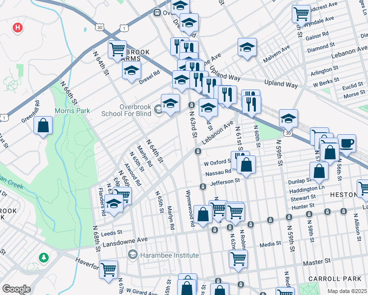 map of restaurants, bars, coffee shops, grocery stores, and more near 1819 Wynnewood Road in Philadelphia