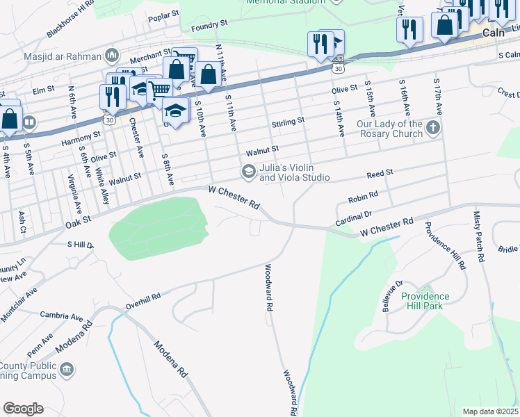 map of restaurants, bars, coffee shops, grocery stores, and more near West Chester Road in Coatesville