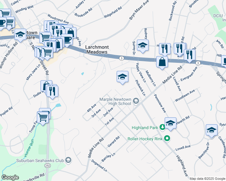 map of restaurants, bars, coffee shops, grocery stores, and more near 149 4th Avenue in Newtown Square