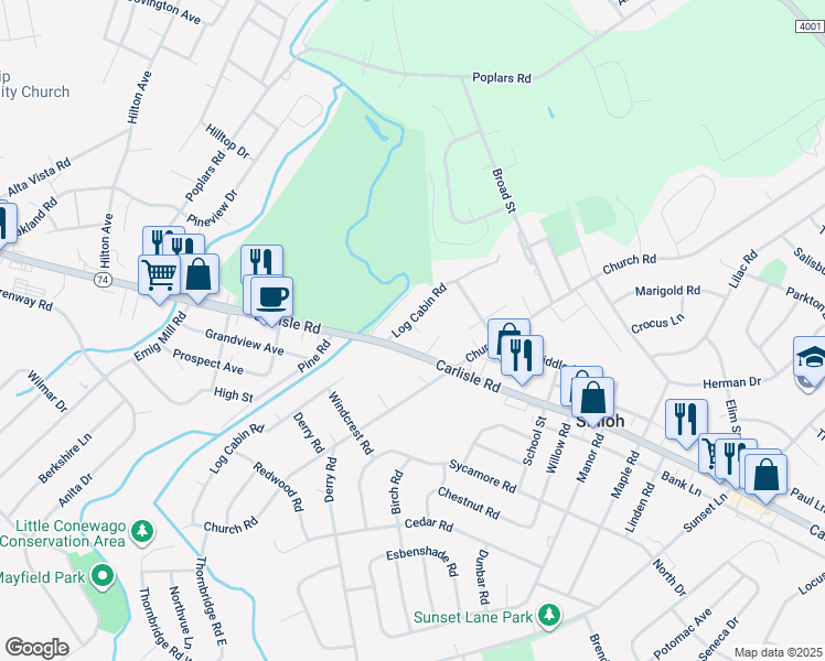 map of restaurants, bars, coffee shops, grocery stores, and more near 2178 Log Cabin Road in York