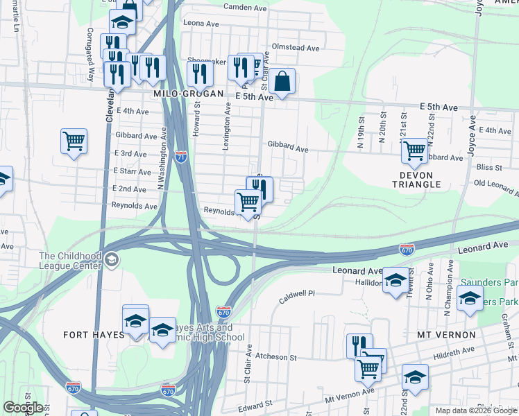 map of restaurants, bars, coffee shops, grocery stores, and more near 782 Saint Clair Avenue in Columbus