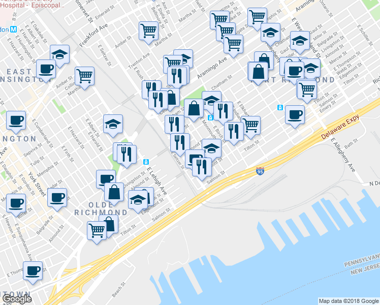 map of restaurants, bars, coffee shops, grocery stores, and more near 2821 Almond Street in Philadelphia