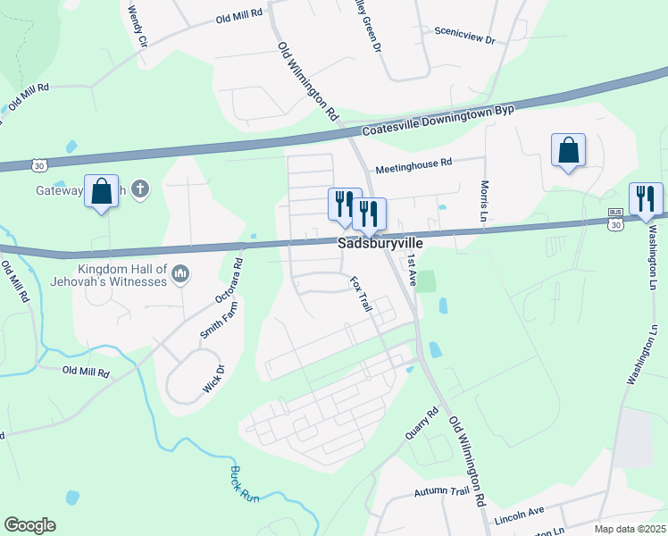 map of restaurants, bars, coffee shops, grocery stores, and more near 407 Fox Trail in Parkesburg