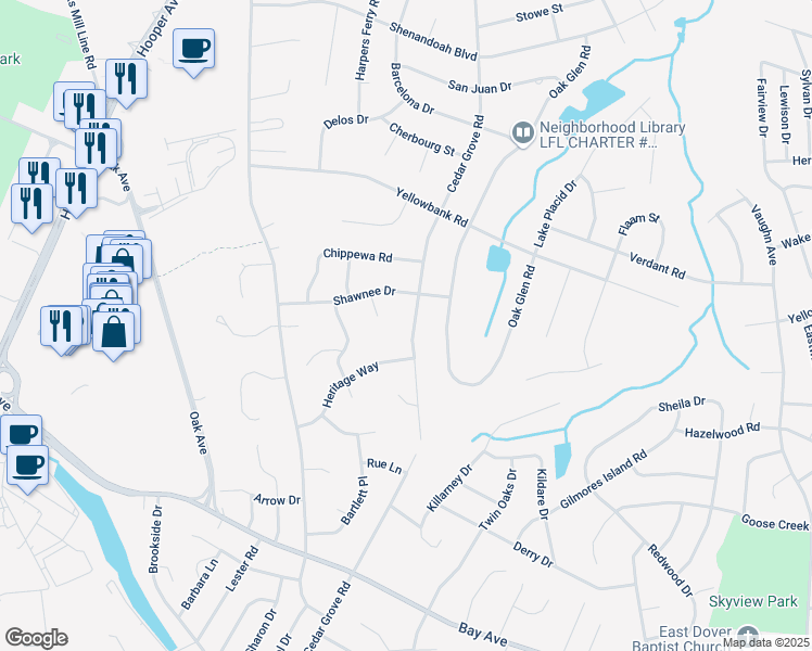 map of restaurants, bars, coffee shops, grocery stores, and more near 601 Cedar Grove Road in Toms River