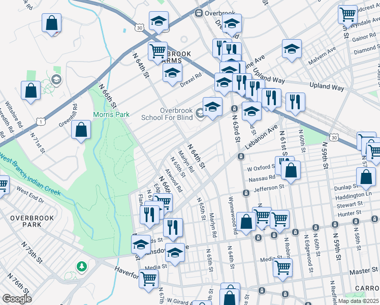 map of restaurants, bars, coffee shops, grocery stores, and more near 1230 North 64th Street in Philadelphia