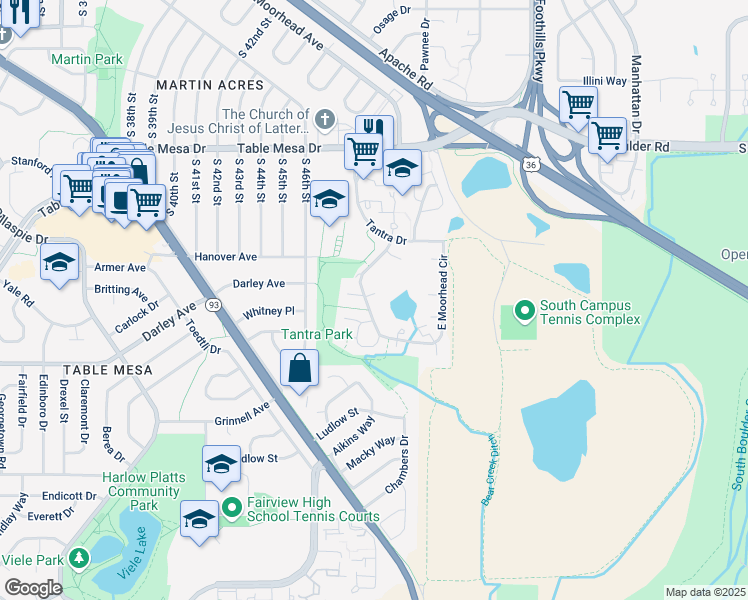 map of restaurants, bars, coffee shops, grocery stores, and more near 990 West Moorhead Circle in Boulder