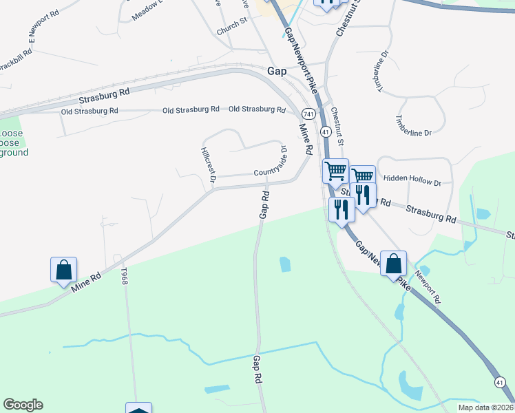 map of restaurants, bars, coffee shops, grocery stores, and more near 942 Gap Road in Kinzers