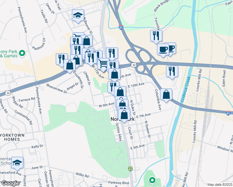 map of restaurants, bars, coffee shops, grocery stores, and more near 1317 North George Street in York