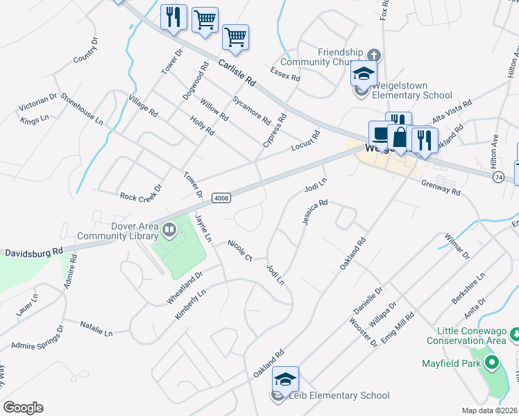 map of restaurants, bars, coffee shops, grocery stores, and more near 3170 Cypress Road South in Dover