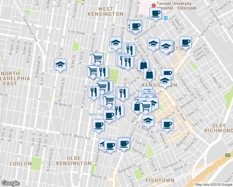 map of restaurants, bars, coffee shops, grocery stores, and more near 2023 North Howard Street in Philadelphia