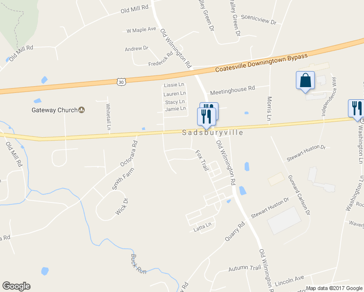 map of restaurants, bars, coffee shops, grocery stores, and more near 309 Fox Trail in Parkesburg