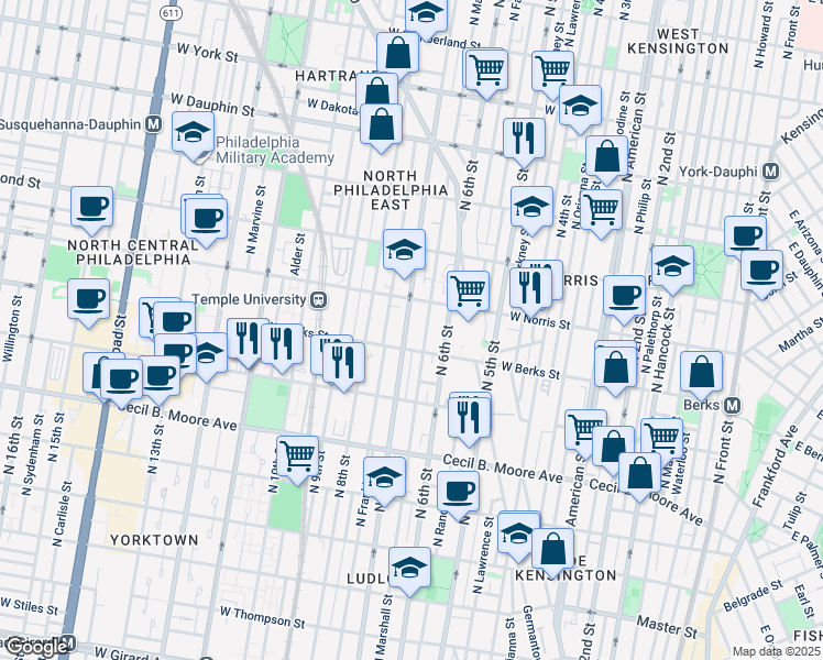 map of restaurants, bars, coffee shops, grocery stores, and more near 1919 North 7th Street in Philadelphia