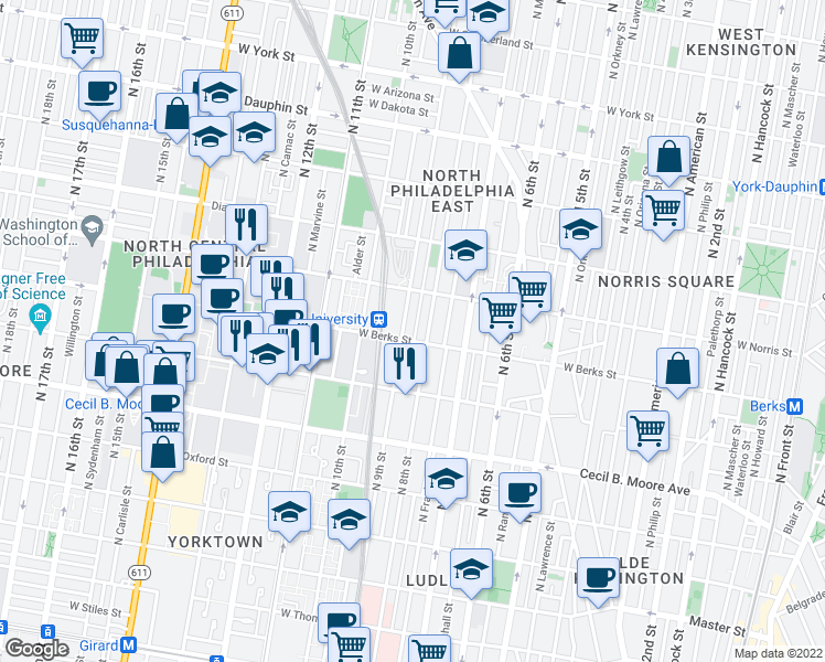 map of restaurants, bars, coffee shops, grocery stores, and more near 1906 North Darien Street in Philadelphia
