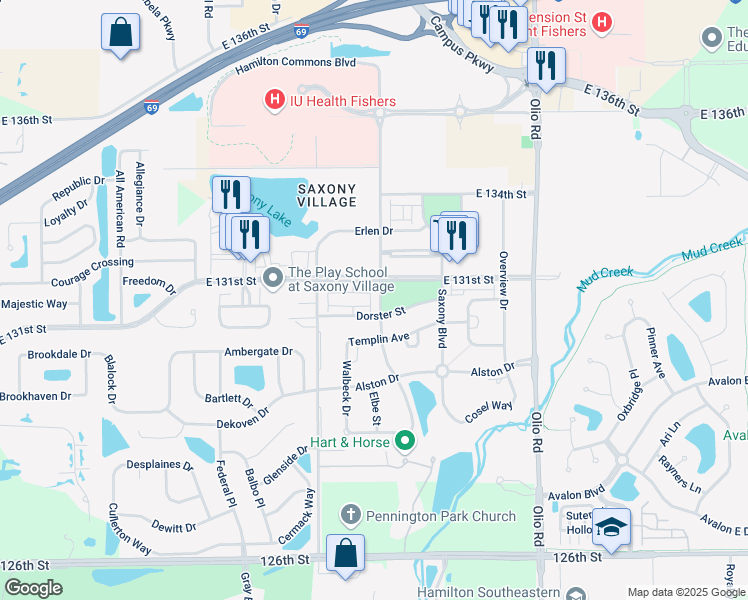map of restaurants, bars, coffee shops, grocery stores, and more near 13044 Minden Drive in Fishers