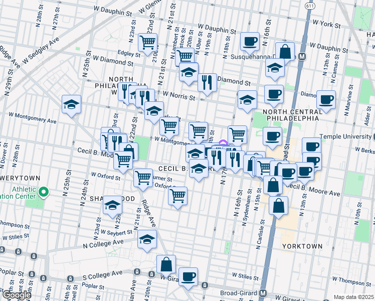 map of restaurants, bars, coffee shops, grocery stores, and more near 1720 North 19th Street in Philadelphia