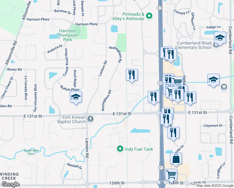 map of restaurants, bars, coffee shops, grocery stores, and more near 102 Chippenham Lane in Fishers