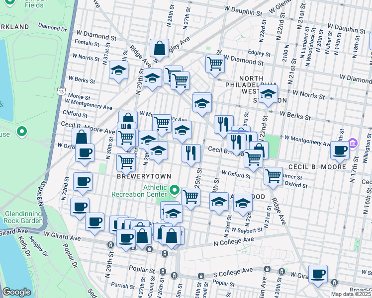 map of restaurants, bars, coffee shops, grocery stores, and more near 1643 North 26th Street in Philadelphia