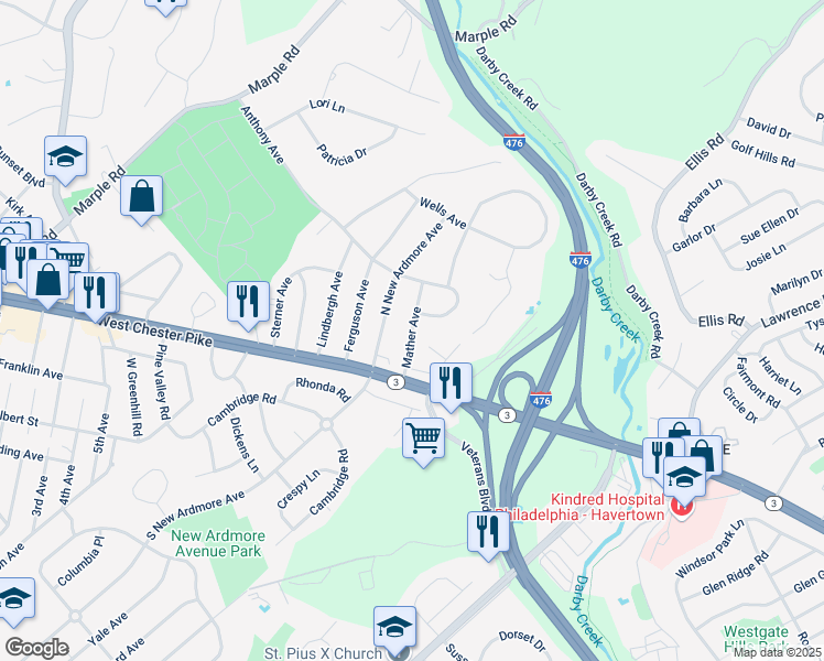 map of restaurants, bars, coffee shops, grocery stores, and more near 14 Mather Avenue in Broomall
