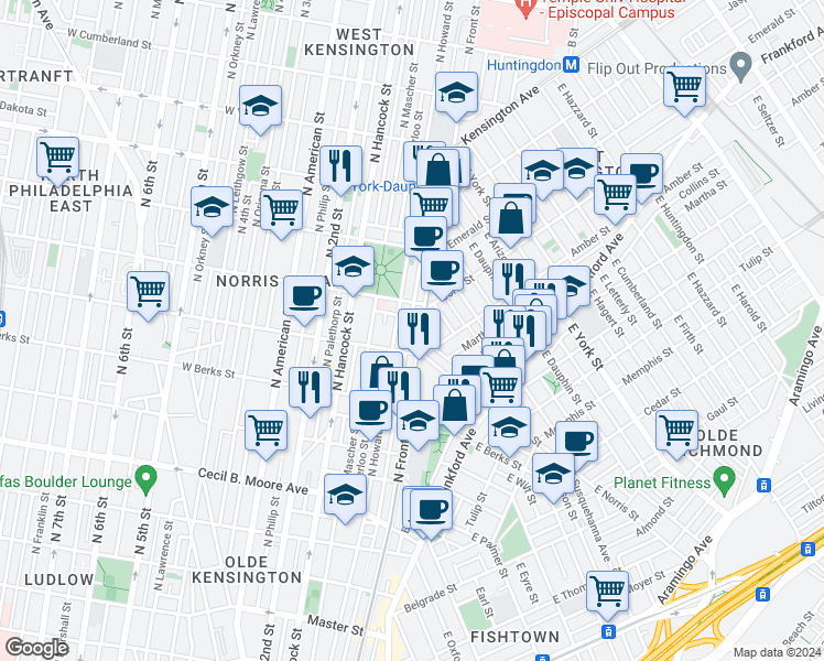 map of restaurants, bars, coffee shops, grocery stores, and more near 2023 North Hope Street in Philadelphia
