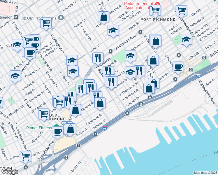 map of restaurants, bars, coffee shops, grocery stores, and more near 2550 East Somerset Street in Philadelphia