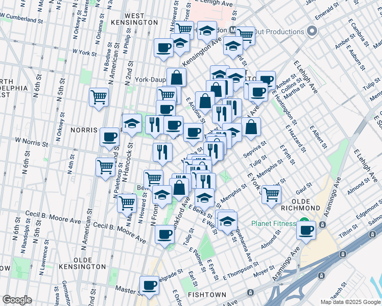 map of restaurants, bars, coffee shops, grocery stores, and more near 2112 East Susquehanna Avenue in Philadelphia
