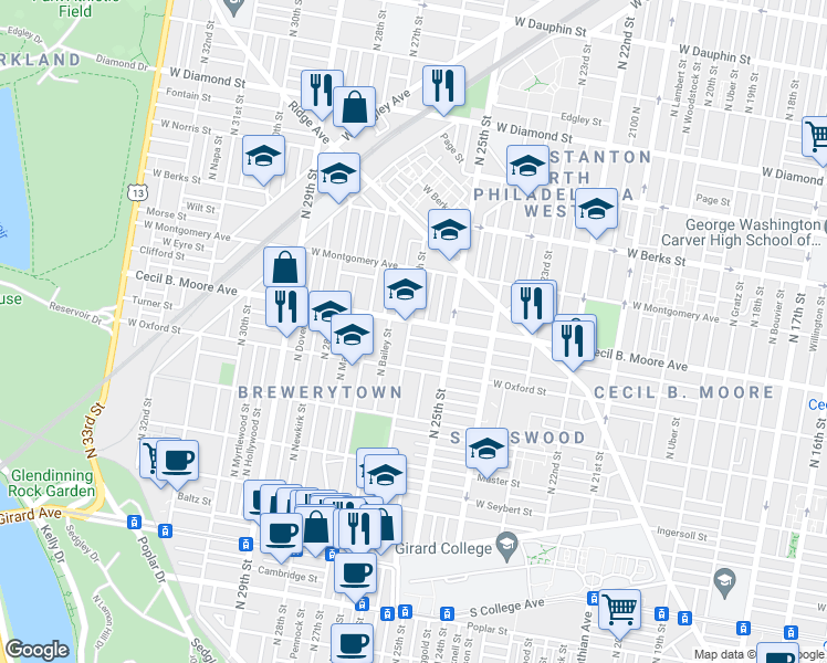map of restaurants, bars, coffee shops, grocery stores, and more near 1643 North 26th Street in Philadelphia