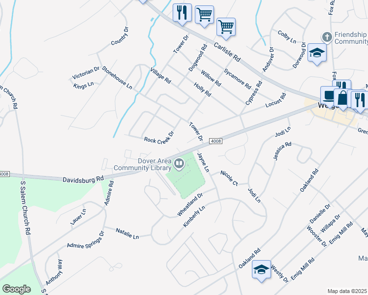 map of restaurants, bars, coffee shops, grocery stores, and more near 3723 Tiffany Drive in Dover