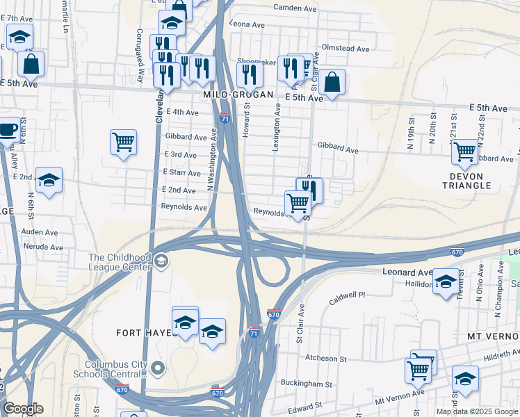 map of restaurants, bars, coffee shops, grocery stores, and more near 780 Reynolds Avenue in Columbus