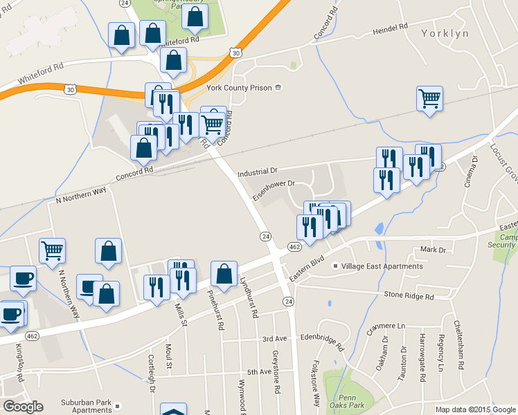 map of restaurants, bars, coffee shops, grocery stores, and more near 59 Mt Zion Rd in York
