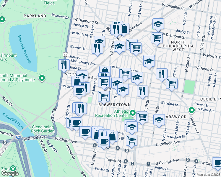 map of restaurants, bars, coffee shops, grocery stores, and more near 1623 North Dover Street in Philadelphia